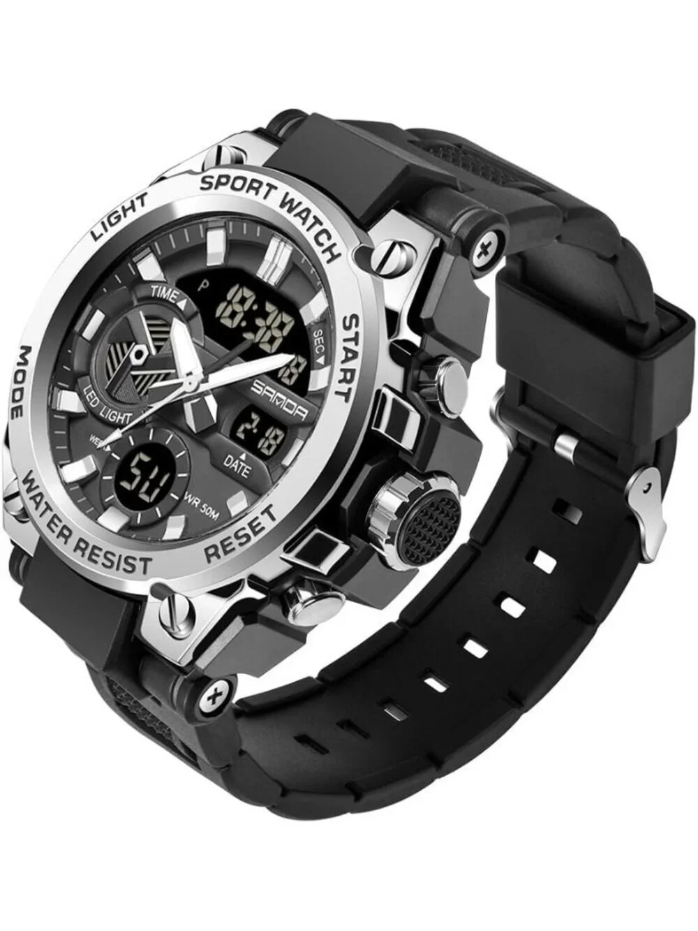 Men's Black And White Analog Quartz Sports Waterproof Military LED Digital Watch